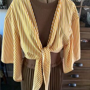 SHEIN Yellow Striped Tie-Front Blouse